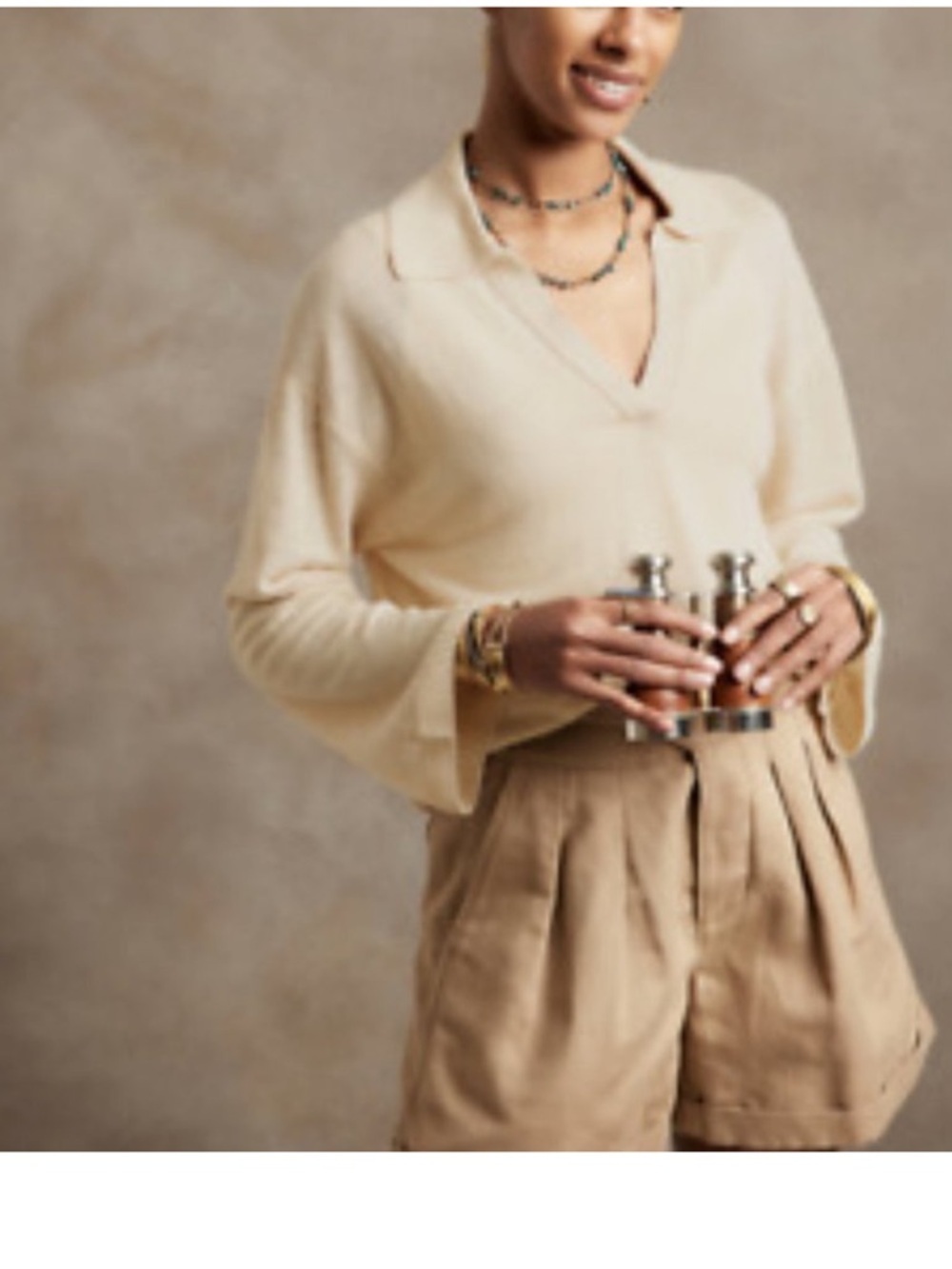 Banana Republic Cream V-Neck Polo Sweater women L Jonny collar linen lagenlook